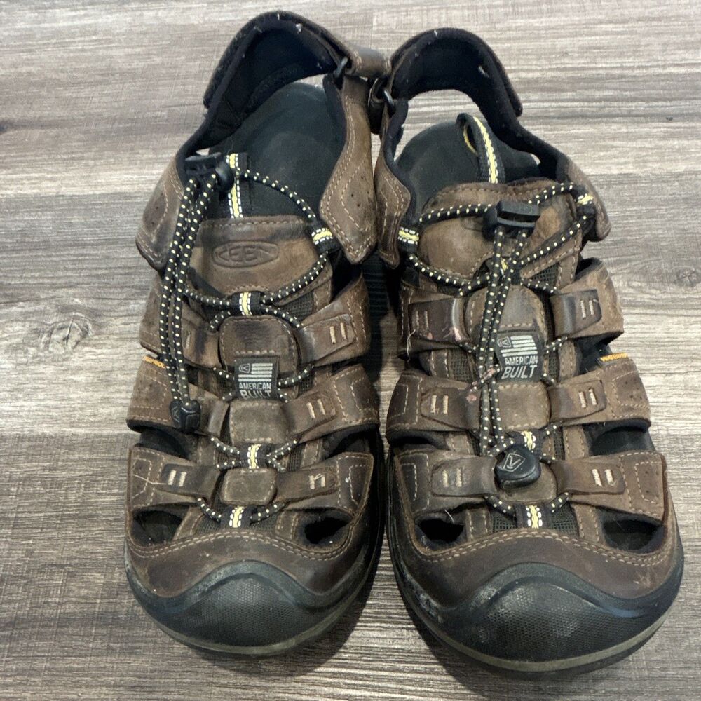 KEEN Mens Fisherman Sandals Brown/Black Leather Drawstring Ankle Strap Outdoor